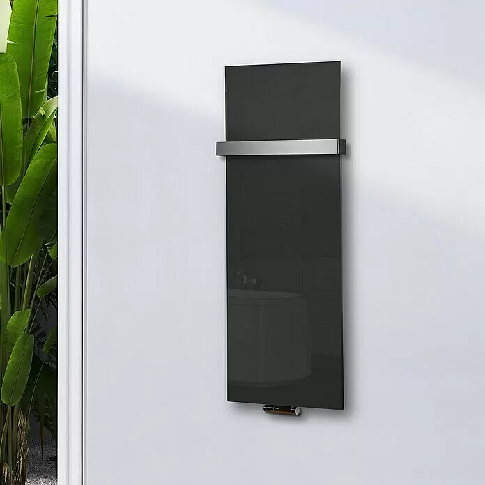 Szagato Designheizkörper Montevideo - B x H: 470 x 1.200 mm, Wärmeleistung bei Vorlauftemperatur von 75 °C (D: 50): 799 W, Grau, Silber, Mit 1 Handtuchhalter (50 mm) - Stimmungsaufnahme