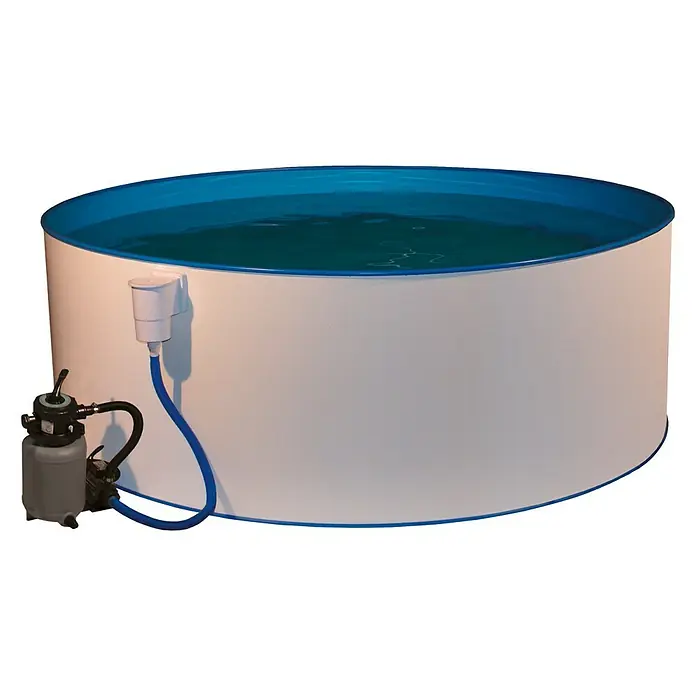 Malibu Stahlwand-Pool Ocean - Ø x H: 450 x 120 cm, Weiß, 18.000 l - Runder Pool mit weißer Wand und blauem Rand, komplett mit Filterpumpe. Ideal für sommerliche Erfrischung und Spaß im Garten.
