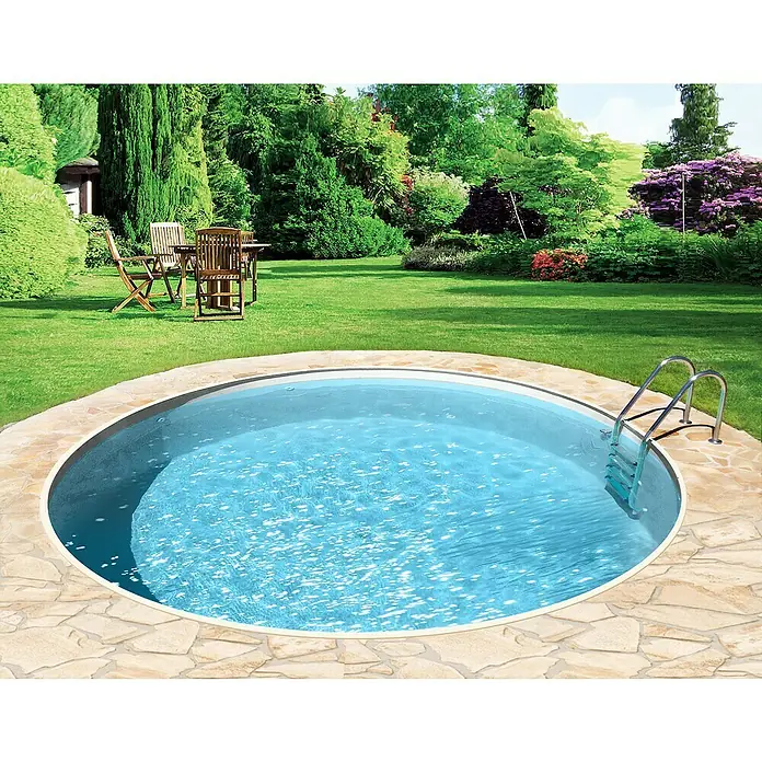 myPool Premium Stahlwand-Pool - Ø x H: 500 x 120 cm, Weiß/Sand, 22.000 l - Runder Pool mit Leiter und Steinumrandung in einem gepflegten Garten. Entspannung pur im eigenen Garten mit diesem Schwimmbecken.