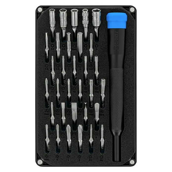 iFixit Reparatur-Set Moray - Geeignet für: Kleingeräte, 34 -tlg. - Bild eines Werkzeugsets mit verschiedenen Schraubendreher-Bits und einem Griff, ideal für Reparaturen.