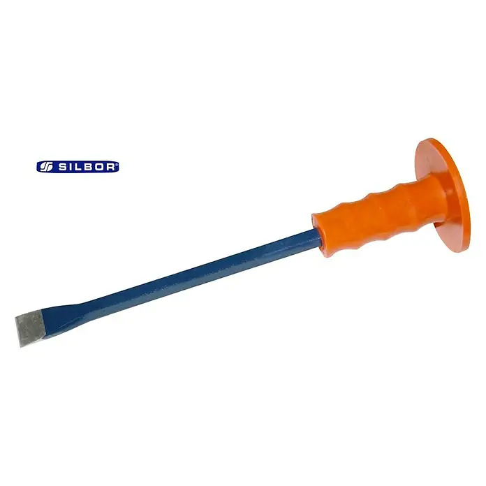 Cincel plano - Acero - Un cincel azul con mango naranja y logotipo de Silbor, ideal para trabajos de piedra y metal. Robusto y fiable para cualquier taller.