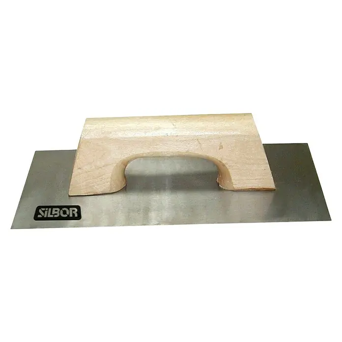 Llana - 15 x 30 cm, Acero inoxidable - Primer plano de una llana de enlucir con mango de madera y hoja de metal, ideal para enlucir y alisar superficies.