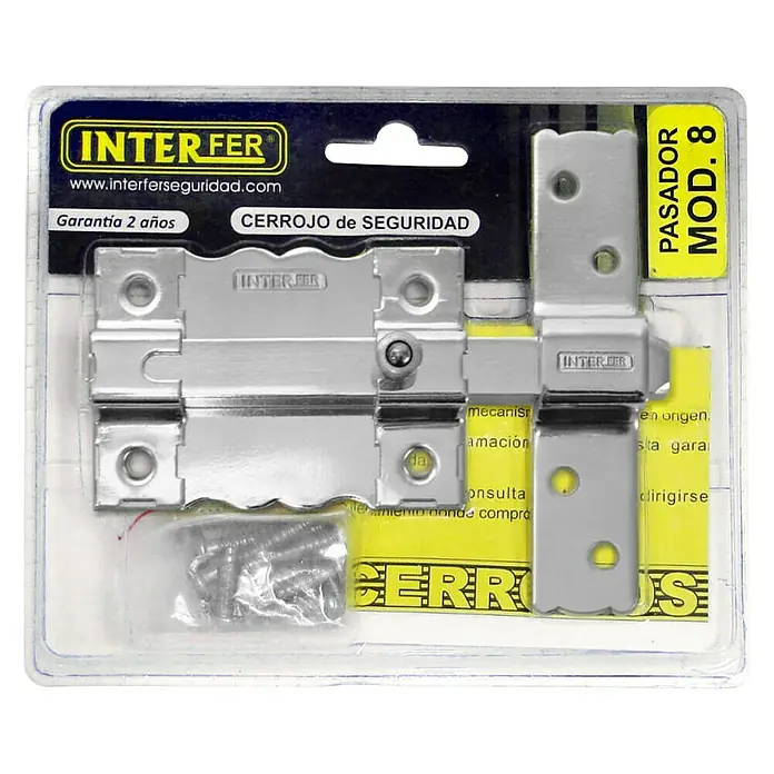 Interfer Cerrojo 8 - L x An x Al: 35 x 142 x 120 mm, Cromo - Primer plano de un paquete de cerrojo de seguridad INTER FER, modelo 8, completo con tornillos, ideal para mayor seguridad.