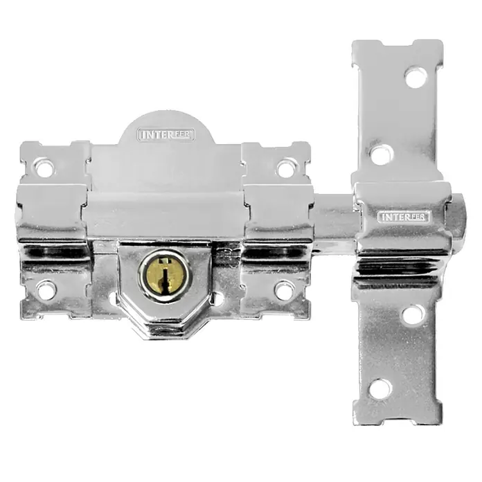 Interfer Cerrojo 11B - L x An x Al: 75 x 183 x 148 mm, Número de llaves: 5 ud., Cromo - Un pestillo de puerta plateado brillante con cerradura y el logo de Interfer, ideal para añadir seguridad y protección.