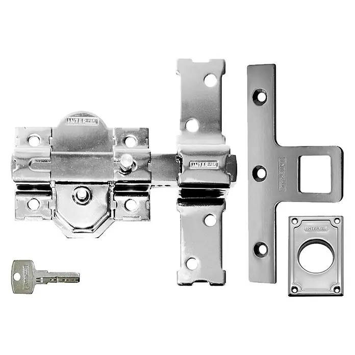 Interfer Cerrojo 31SA - 142 x 148 x 36 mm, Número de llaves: 5 ud., Cromado - Un juego con un cerrojo para puerta, accesorios y una llave, todo en un acabado plateado brillante.