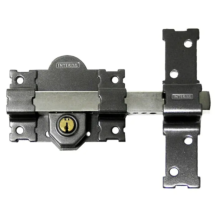 Interfer Cerrojo - 183 x 148 x 26 mm, Número de llaves: 3 ud., Pintado - Un robusto cerrojo para puerta INTERFER, ideal para seguridad adicional, presentado en metal oscuro con un llamativo cerrojo plateado.