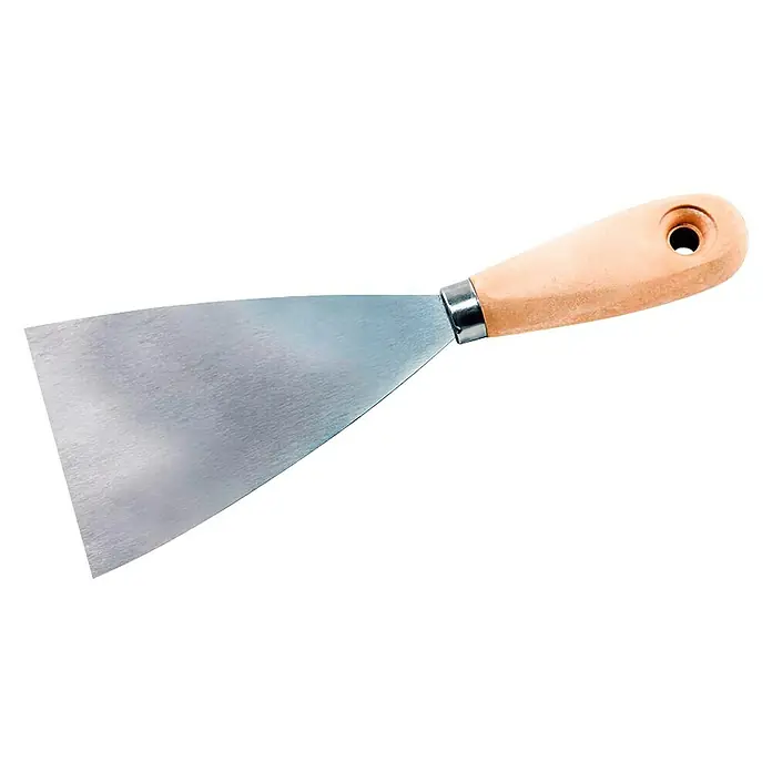 Espátula de pintor - Ancho de hoja: 80 mm - Espátula con mango de madera. La herramienta tiene una hoja de metal biselada y un mango con un orificio para colgar.