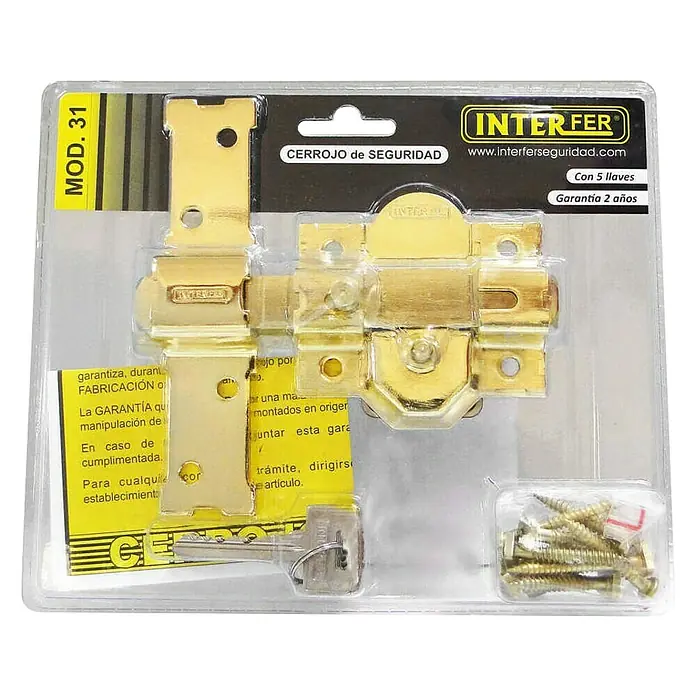 Interfer Cerrojo 31 - 142 x 148 x 83 mm, Número de llaves: 5 ud., Cromado - Primer plano de un cerrojo de seguridad INTER-FER, modelo 31, con acabado dorado, empaquetado con tornillos y llaves, ideal para mayor protección.