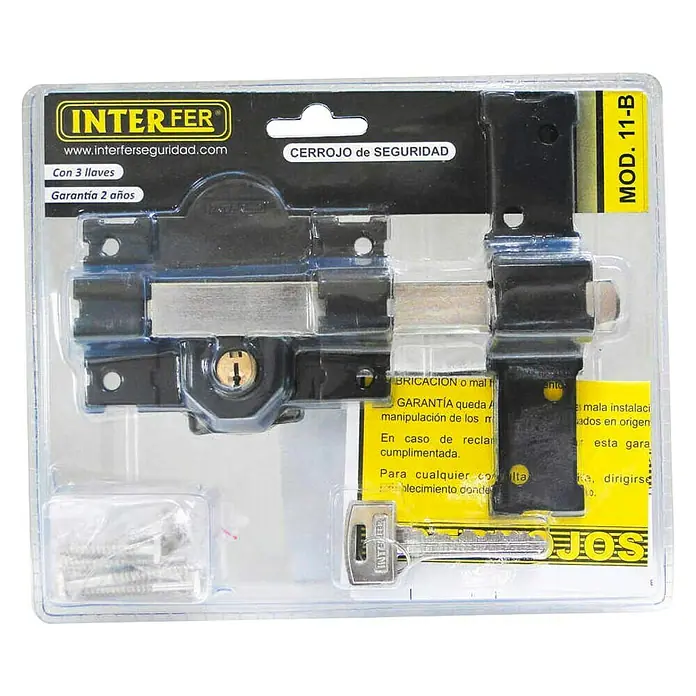 Interfer Cerrojo 11B - L x An x Al: 75 x 183 x 148 mm, Número de llaves: 3 ud., Negro - Cerradura de seguridad Interfer Modelo 11-B empaquetada con tres llaves y garantía de dos años para mayor seguridad.