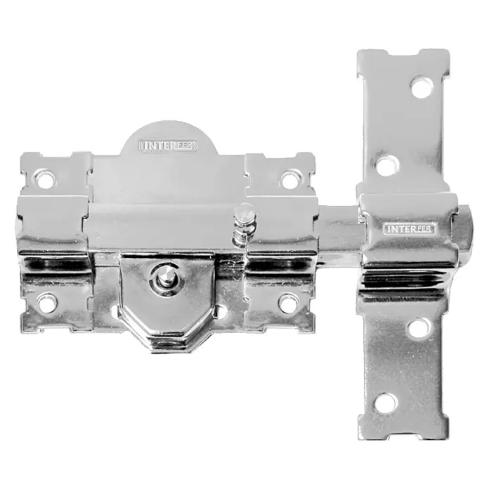 Interfer Cerrojo 11 - 160 x 148 x 26 mm, Número de llaves: 5 ud., Cromado - Imagen de un pestillo de barril INTERFER de color plateado pulido para mayor seguridad, ideal para puertas y portones.