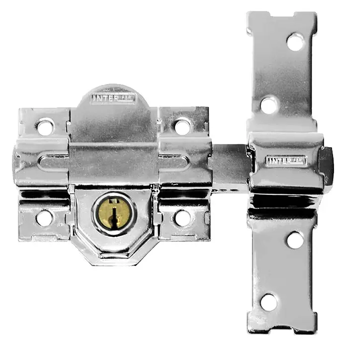 Interfer Cerrojo 831320 - 165 x 148 x 36 mm, Número de llaves: 5 ud., Cromado - Un cerrojo Inter Steel brillante de color plateado con cerradura de cilindro, perfecto para mayor seguridad.
