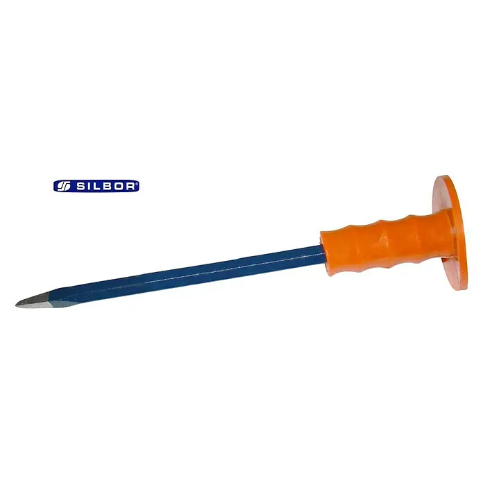 Cincel de punta - Acero - Botador SILBOR con protector de mano. El botador es azul y tiene un protector de mano naranja para trabajar con seguridad.