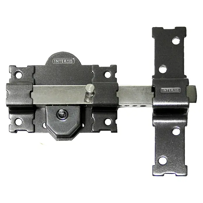 Interfer Cerrojo 11 - 160 x 148 x 26 mm, Número de llaves: 5 ud., Pintado - Primer plano de un pestillo Interfer, ideal para asegurar puertas y portones interiores y exteriores. Construcción sólida para una protección fiable.