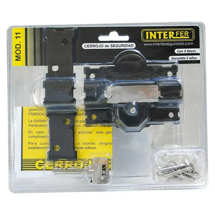 Interfer Cerrojo 11 - L x An x Al: 75 x 160 x 148 mm, Número de llaves: 3 ud., Negro - Primer plano de un cerrojo de seguridad INTERFER, Modelo 11, en su embalaje, completo con tres llaves y tornillos para su instalación.