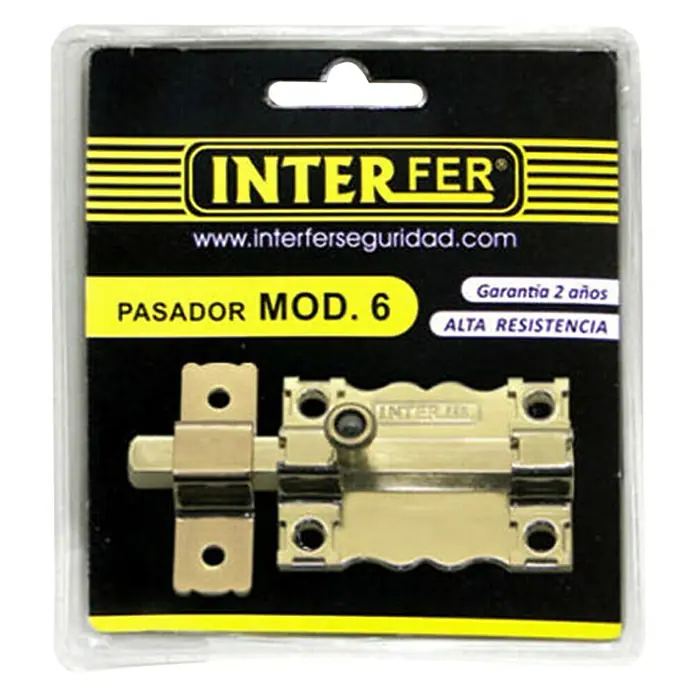 Interfer Cerrojo 6 - L x An x Al: 24 x 85 x 50 mm, Dorado - Imagen de un pestillo de puerta Interfer Mod. 6 en un embalaje transparente con fondo negro. El producto promete alta resistencia.