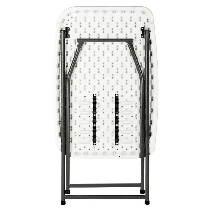 Set de muebles de jardín Alan - 3 pzs., Polietileno de alta densidad (HDPE), Blanco - Mesa plegable rectangular plegada con tapa blanca y estructura metálica gris. Ideal para eventos y fácil almacenamiento.