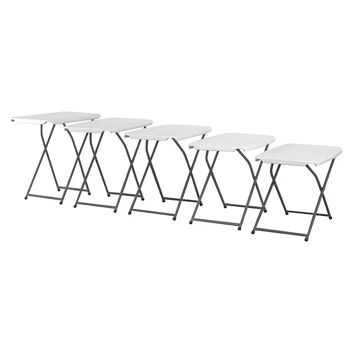 Mesa de jardín Alan - L x An x Al: 75 x 50 x 73 cm, HDPE/Acero, Blanco roto - Cinco mesas plegables blancas en fila, perfectas para eventos o como espacio adicional. Diseño práctico y que ahorra espacio!