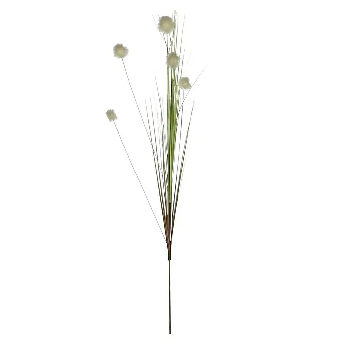 Kunstblume Gras - Höhe: 84 cm, Weiß, Kunststoff - Nahaufnahme eines Dekoblütenzweigs mit weißen, runden Blütenständen und filigranen, silbernen Stängeln auf schwarzem Hintergrund.