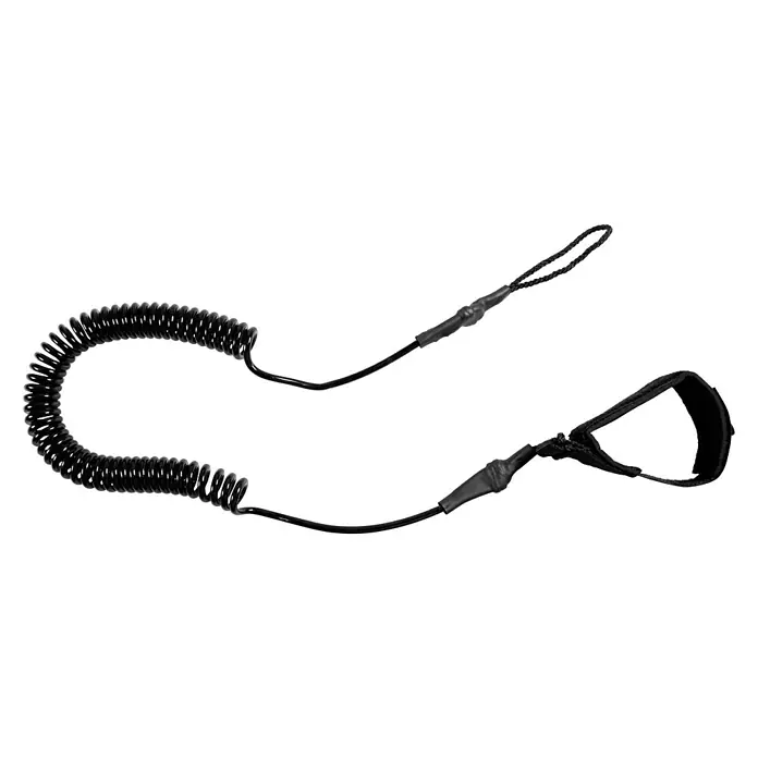 Paddle Leash XQMax - Ajustable: 30 cm - 245 cm - Correa de remo en espiral negra con lazo de mano y lazo de fijación para remar con seguridad.