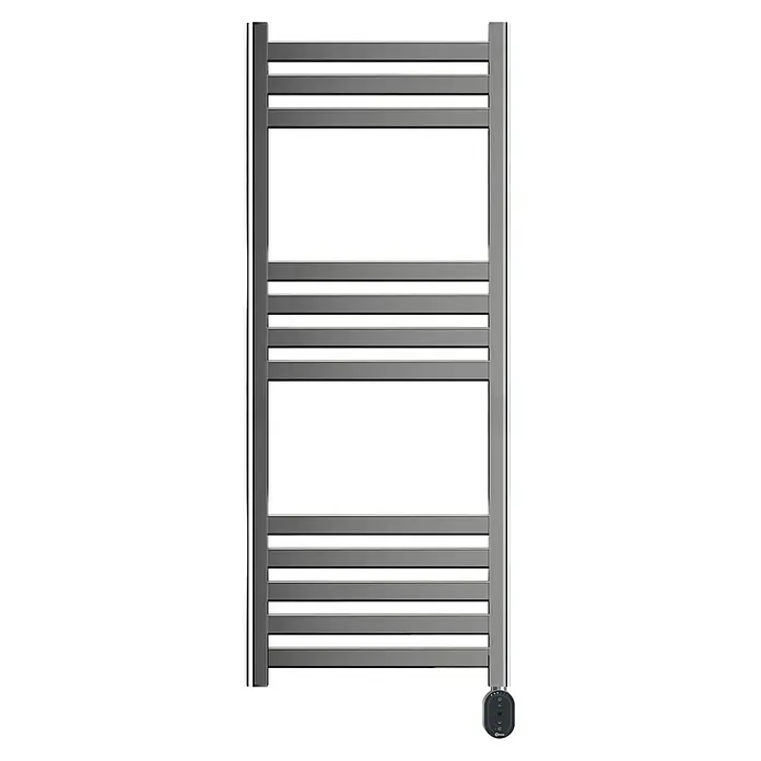 Rointe Radiador toallero eléctrico Lyon Oval - An x Al: 50 x 120 cm, Cromo - Un elegante toallero plateado con barras horizontales y controles laterales, perfecto para cualquier baño moderno.