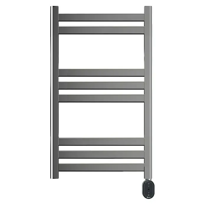 Rointe Radiador toallero eléctrico Lyon Oval - An x Al: 50 x 80 cm, 300 W, Cromo - Imagen de un toallero calentador moderno plateado con barras rectangulares y controles integrados.