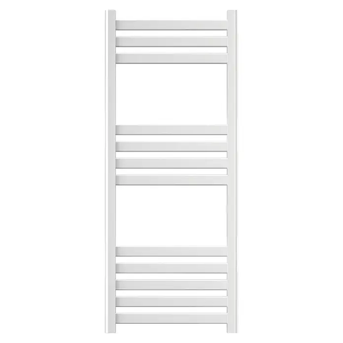 Rointe Radiador toallero Lyon Aqua - An x Al: 50 x 120 cm, Blanco - Un radiador toallero blanco con barras horizontales sobre un fondo negro. El electrodoméstico tiene un diseño minimalista y funcional.