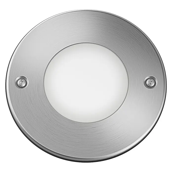 Philips Foco LED empotrable exterior Moss - 3 W, L x An: 10,5 x 10,5 cm, Blanco cálido, Acero inoxidable - Imagen de una luz empotrable de suelo redonda de acero inoxidable con dos tornillos y un área de luz blanca central.