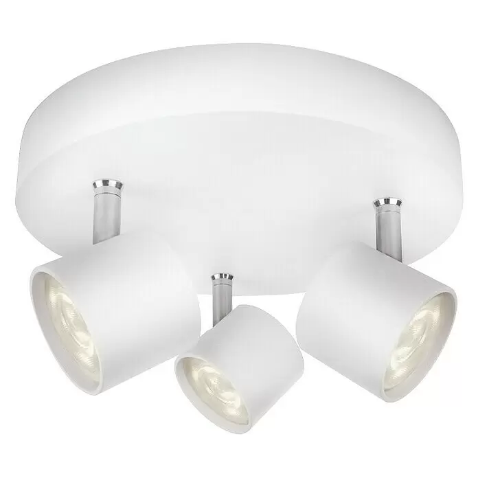 Philips LED-Wandstrahler myLiving - 9 W, Weiß, Warmweiß - Weißer runder Deckenstrahler mit drei verstellbaren zylindrischen Strahlern, jeweils mit silbernem Stiel. Die Lichter sind beleuchtet.