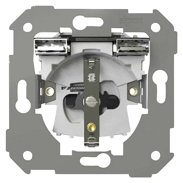 Simon 82 Enchufe SCHUKO y USB - Gris, Metal, Montaje enrasado - Primer plano de un enchufe Simon con puertos USB. Ideal para cargar dispositivos sin adaptador.