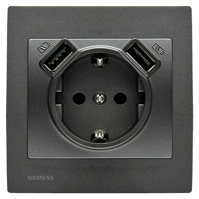 Siemens Delta Iris Enchufe con USB - Negro, Plástico, 16 A - Enchufe de Siemens con dos puertos USB en un diseño oscuro para el hogar moderno o la oficina.