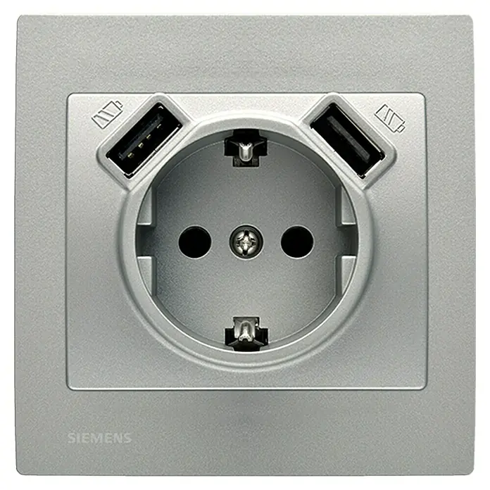 Siemens Delta Iris Enchufe con USB - Aluminio, Plástico, 16 A - Enchufe plateado Siemens con dos puertos USB y enchufe de corriente alterna estándar para necesidades modernas.