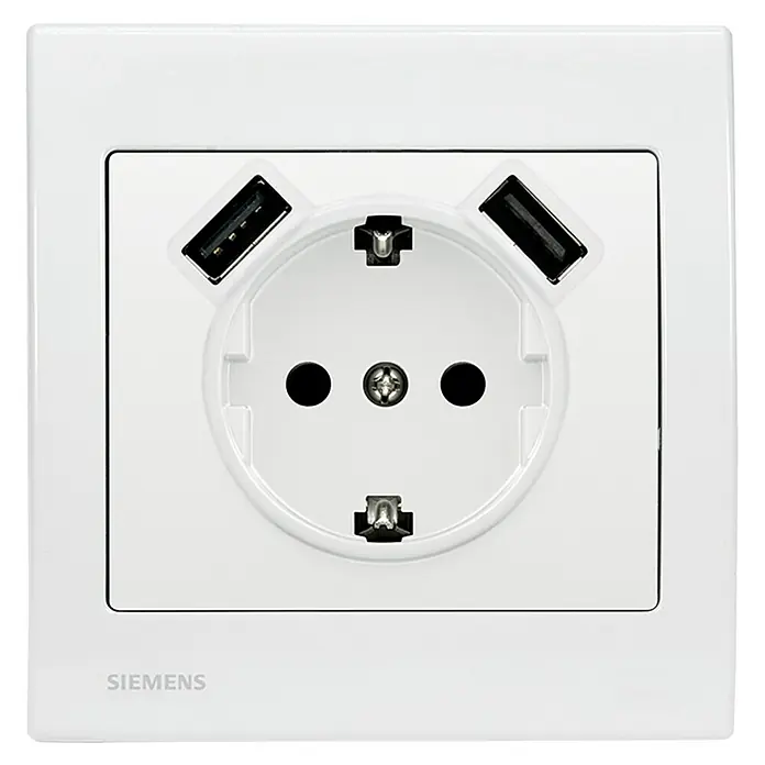 Siemens Delta Iris Enchufe con USB - Blanco, Plástico, 16 A - Un enchufe blanco Siemens con puertos USB integrados, perfecto para cargar dispositivos. El enchufe tiene un diseño moderno y minimalista.