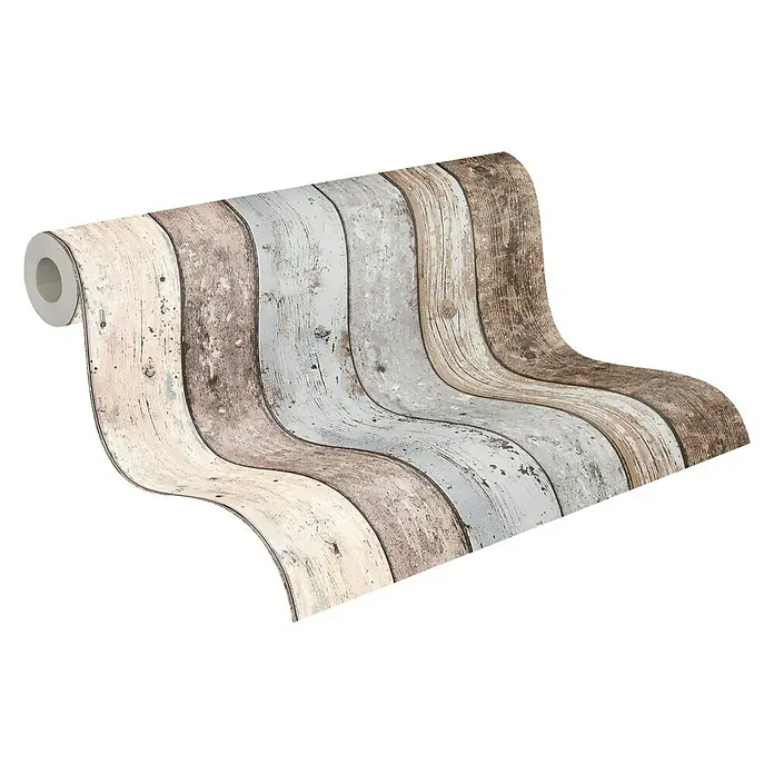 A.S. Création Elements Vliestapete - Braun/Blau/Beige, Holzoptik, 10,05 x 0,53 m - Nahaufnahme einer Rolle mit Holzstruktur-Tapete, die ein rustikales und stilvolles Design für die Wanddekoration bietet.