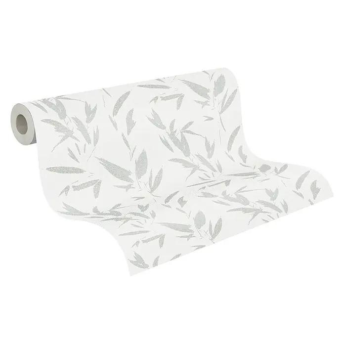 A.S. Création New Elegance Vliestapete Blätterranke - Silber, Floral, 10,05 x 0,53 m - Eine Rolle weißer Tapete mit einem subtilen Blattmuster in Silber, ideal für die Gestaltung stilvoller Innenräume.
