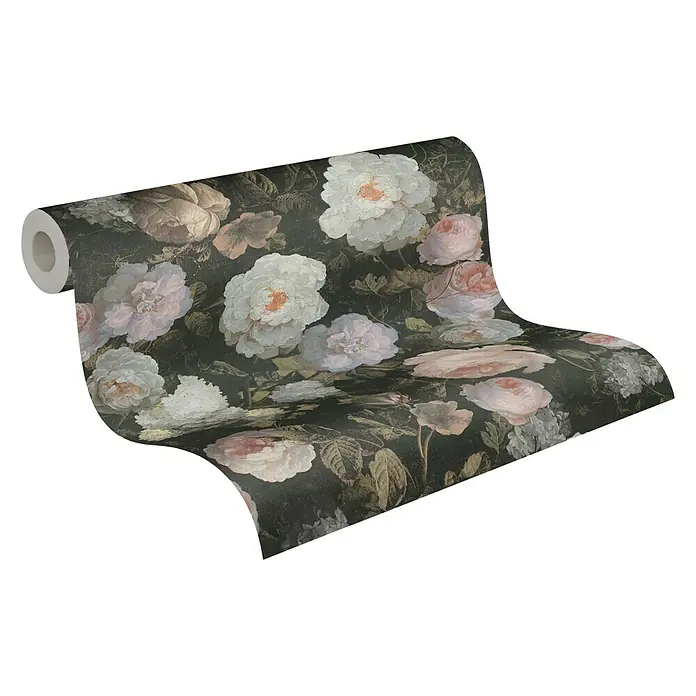 A.S. Création History of Arts Vliestapete Blumen - Rosa/Weiß/Grün, Floral, 10,05 x 0,53 m - Eine Rolle dunkler, floral gemusterter Tapete, die einen eleganten und nostalgischen Look bietet. Perfekt für ein stilvolles Interieur.