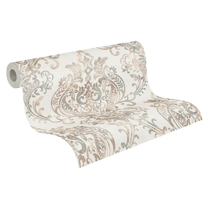 A.S. Création New Life Papel pintado de vellón Damasco Nude - Beige/Gris, Motivo decorativo, 10,05 x 0,53 m - Rollo de elegante papel pintado Rasch Florentine en beige y dorado, perfecto para diseños de pared elegantes.