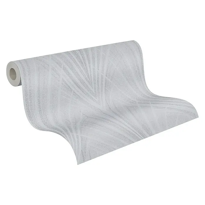 A.S. Création New Elegance Vliestapete Farn - Grau, Floral, 10,05 x 0,53 m - Ein aufgerolltes Stück weißer Tapete mit einem stilvollen, abstrakten Muster. Perfekt für moderne Innenräume und verleiht jedem Raum eine elegante Note.