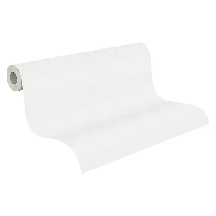 A.S. Création New Elegance Vliestapete - Altweiß, Uni, 10,05 x 0,53 m - Eine Rolle weißer Tapete, die auf einer schwarzen Oberfläche ausgerollt liegt, perfekt für Renovierungsarbeiten und Innendesign.