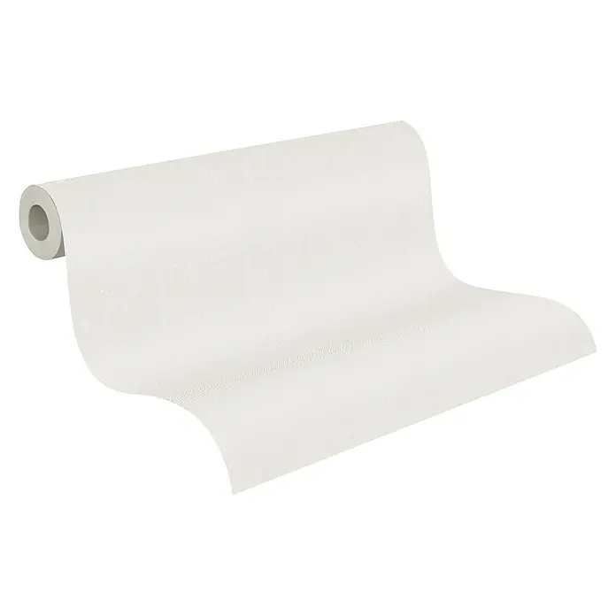 A.S. Création New Elegance Vliestapete - Creme, Uni, 10,05 x 0,53 m - Ein weißes Rolle-Tapetenprodukt wird auf einem schwarzen Hintergrund gezeigt, das hochwertige Oberflächen und eine gute Struktur hat.
