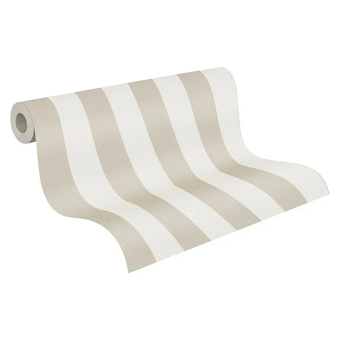A.S. Création New Elegance Vliestapete Blockstreifen - Beige/Creme, Streifen, 10,05 x 0,53 m - Nahaufnahme einer Rolle gestreifter Tapete in neutralen Farben, ideal für eine stilvolle Wandgestaltung.
