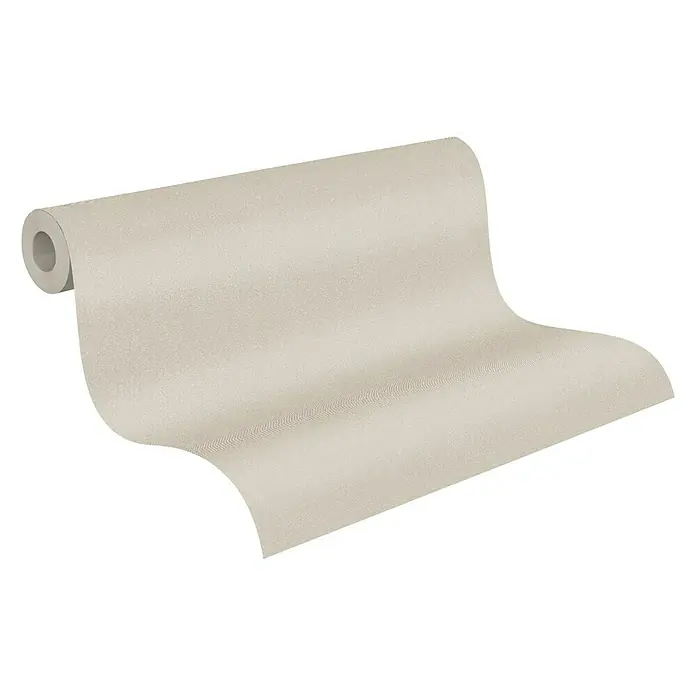 A.S. Création New Elegance Vliestapete - Beige, Uni, 10,05 x 0,53 m - Eine Nahaufnahme einer Rolle stilvoller, beiger Vliestapete mit dezenter Textur für eine moderne Wandgestaltung.