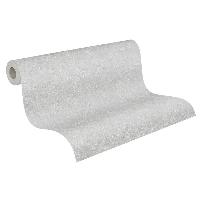 A.S. Création Industrial Vliestapete - Mittelgrau, Uni, 10,05 x 0,53 m - Eine Rolle cremefarbene Tapete mit dezenter Textur, die sich abrollt und einen Eindruck von Tiefe und Struktur vermittelt.