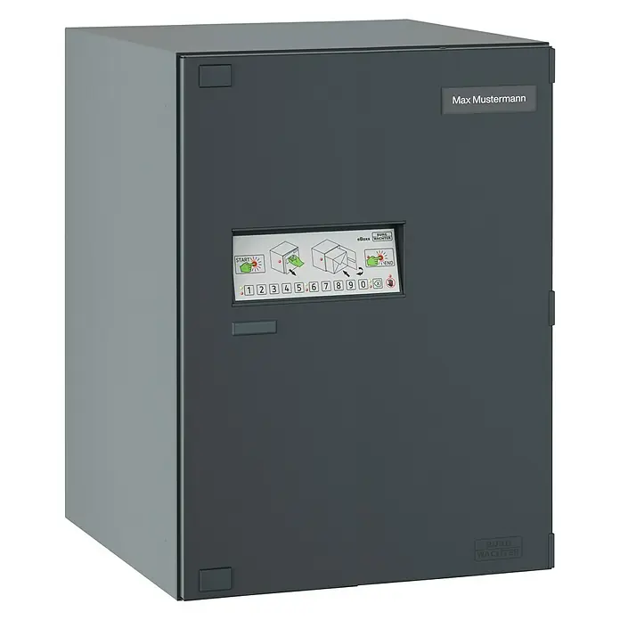 Burg-Wächter Paketbox eBoxx GV 645 - L x B x H: 45 x 57,5 x 76 cm, Anthrazit, Stahl, Namensschild, Fassungsvermögen: 197 l - Das Bild zeigt einen Tresor der Marke Burg Wächter. Der Tresor ist grau und hat ein digitales Display zur Eingabe von Codes.
