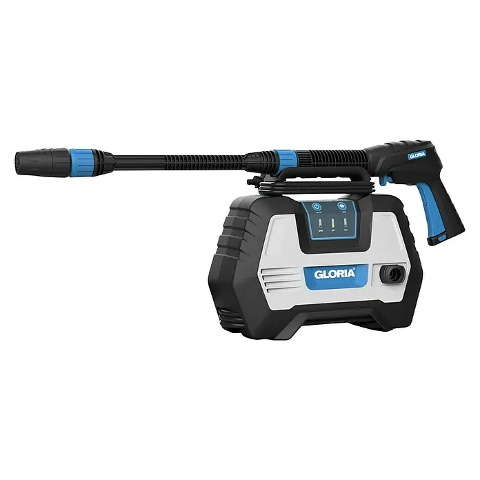 Gloria Hochdruckreiniger MultiJet 230V - Leistung: 1.500 W, Max. Druck: 120 bar - Das Bild zeigt einen Gloria Akku-Druckreiniger mit einer Lanze und Pistole in Schwarz und Blau, vor einem schwarzen Hintergrund.
