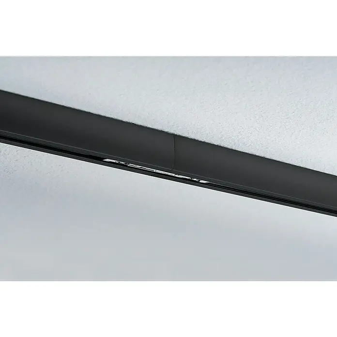Paulmann URail Conector de línea - 7 x 1,1 cm, Plástico - Primer plano de un riel de iluminación negro montado en un techo blanco, que muestra una solución de iluminación moderna y flexible.