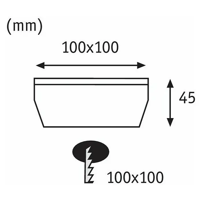 Paulmann LED-Außenwegleuchte Cube - Warmweiß, L x B x H: 10 x 10 x 4,5 cm - Technische Zeichnung eines Produkts mit den Maßen 100x100 mm in der Breite und 45 mm in der Höhe, dargestellt in Millimetern.