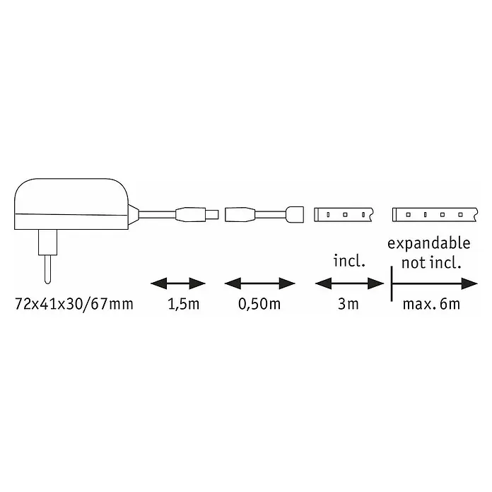 Paulmann Tira LED Set básico YourLED ECO - 3 m, Blanco cálido - Ilustración de una tira de luz LED con dimensiones de 72x41x30/67mm, longitudes de cable de 1,5m y 0,50m, 3m incluidos, ampliable a máx. 6m.