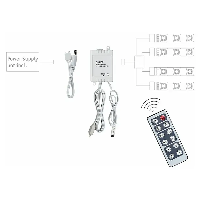Paulmann Controlador de intensidad y conmutación YourLED - Plástico, Blanco - Un conjunto de controlador de tira LED DMR07 con un control remoto para ajustar la intensidad de la luz y varios modos. Fuente de alimentación no incluida.