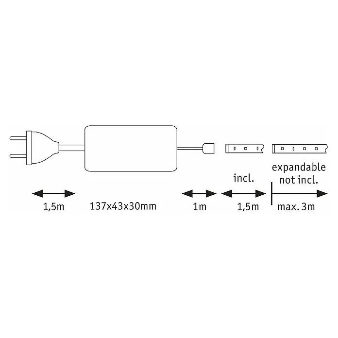 Paulmann MaxLED 1.000 LED-Band Basisset beschichtet - 150 cm, Tageslichtweiß, 17 W, 1.650 lm - Schema einer LED-Leuchte mit Stecker, Transformator und erweiterbarem LED-Band. Länge der Zuleitung beträgt 1,5m.
