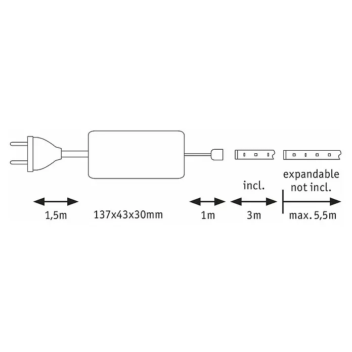 Paulmann MaxLED 500 LED-Band Basisset beschichtet - Länge: 3 m, Lichtfarbe: Warmweiß, 20 W, 1.650 lm, 24 V - 36 V - Darstellung eines LED-Streifens mit Netzteil, Abmessungen (137x43x30mm), 1,5 m Kabel, 1 m Abstand, 3 m inklusive, erweiterbar bis max. 5,5 m.